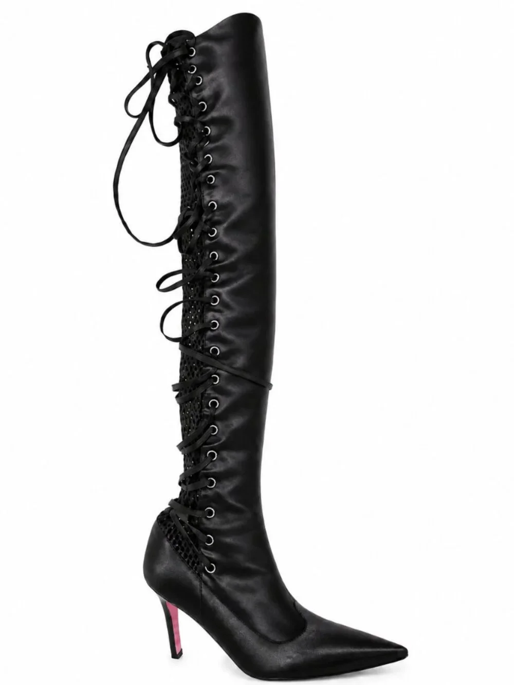 Colin Stuart Satin Mesh Lace-Up Thigh High Boots Black 8.5